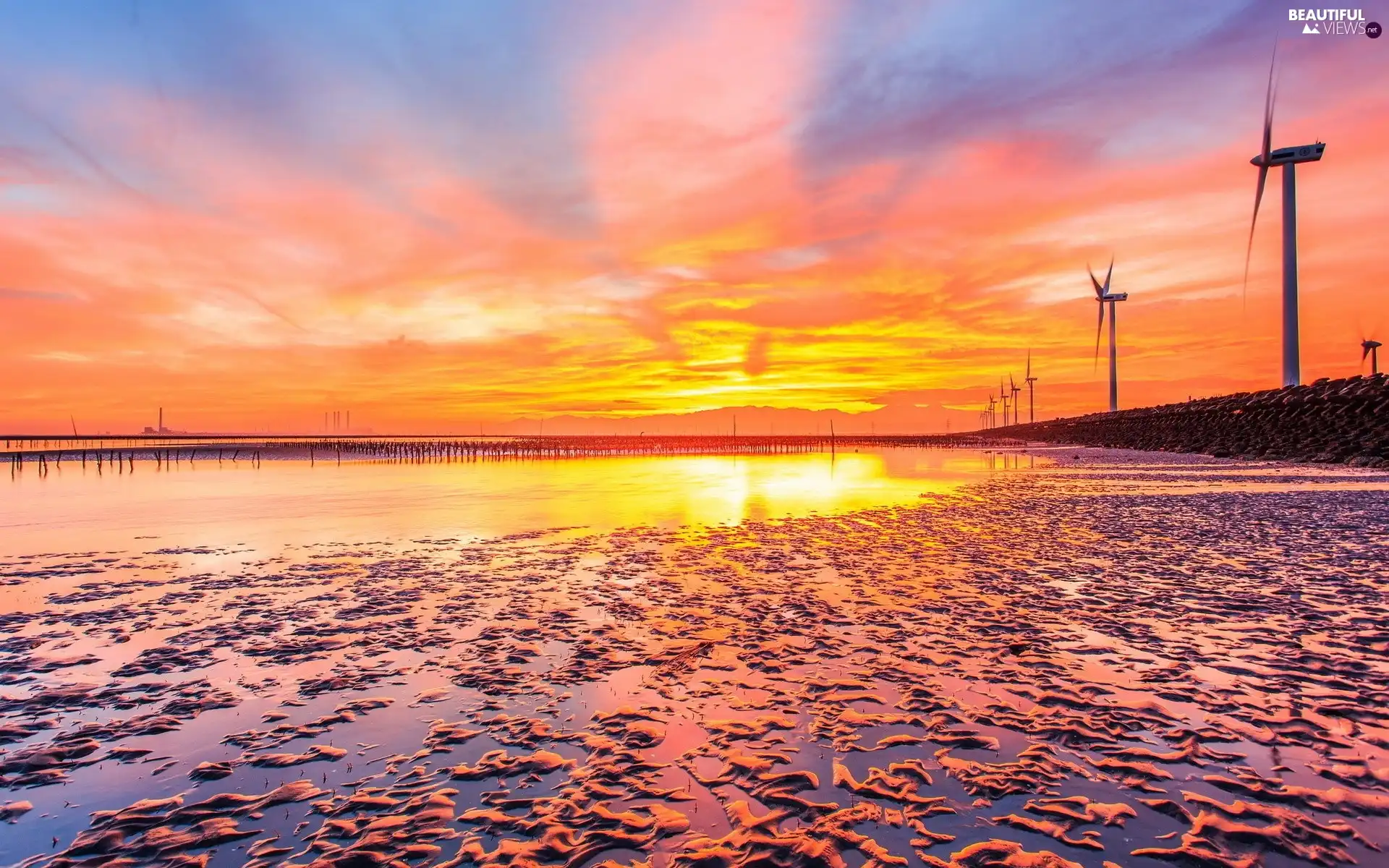 west, water, Windmills, sun