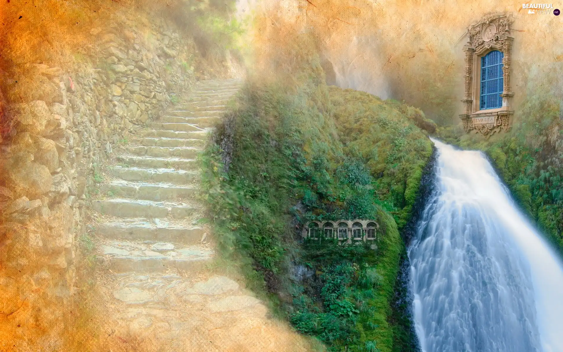 waterfall, Stairs, Window, Stone