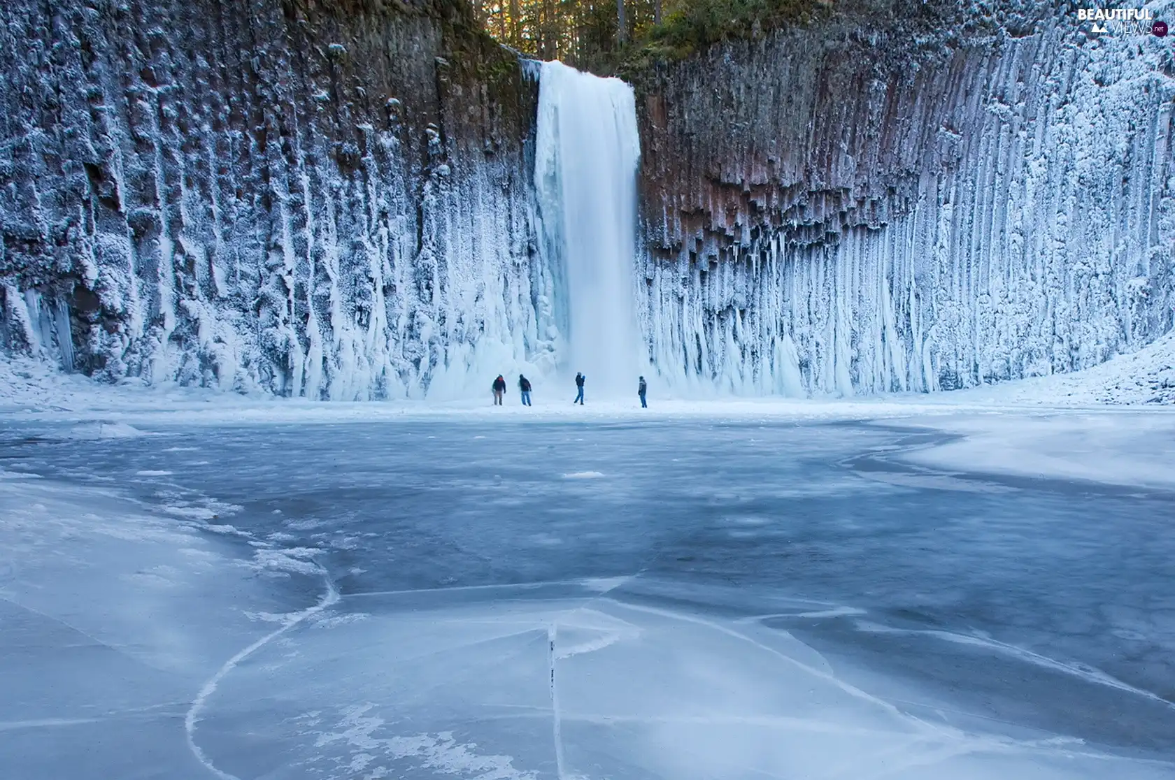 frozen, lake, winter, waterfall