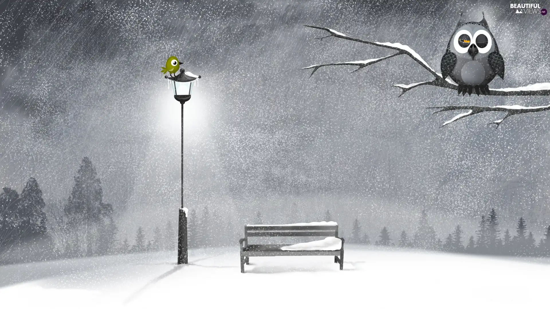 winter, graphics, Lighthouse, Bench, owl