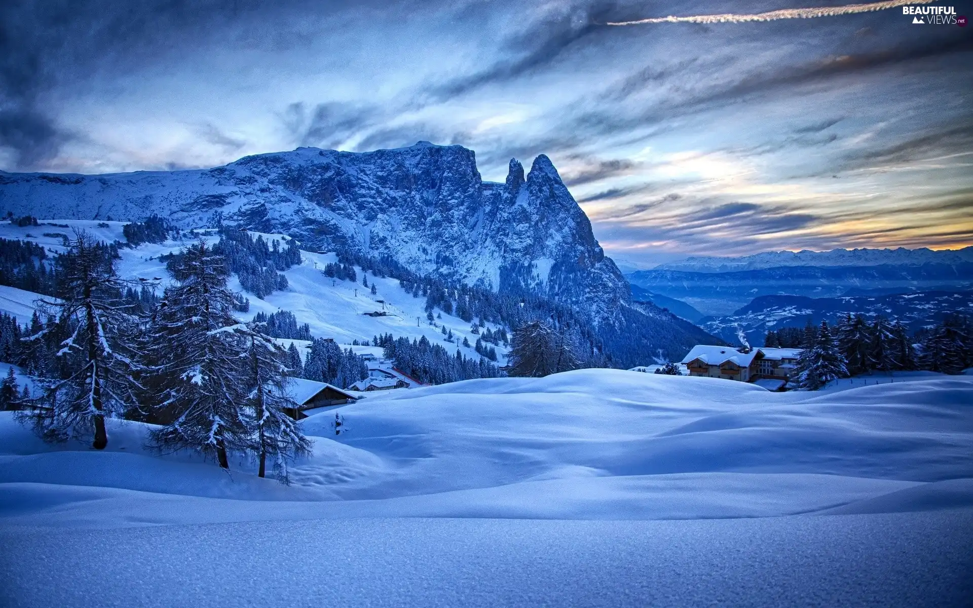 Houses, Mountains, winter, woods