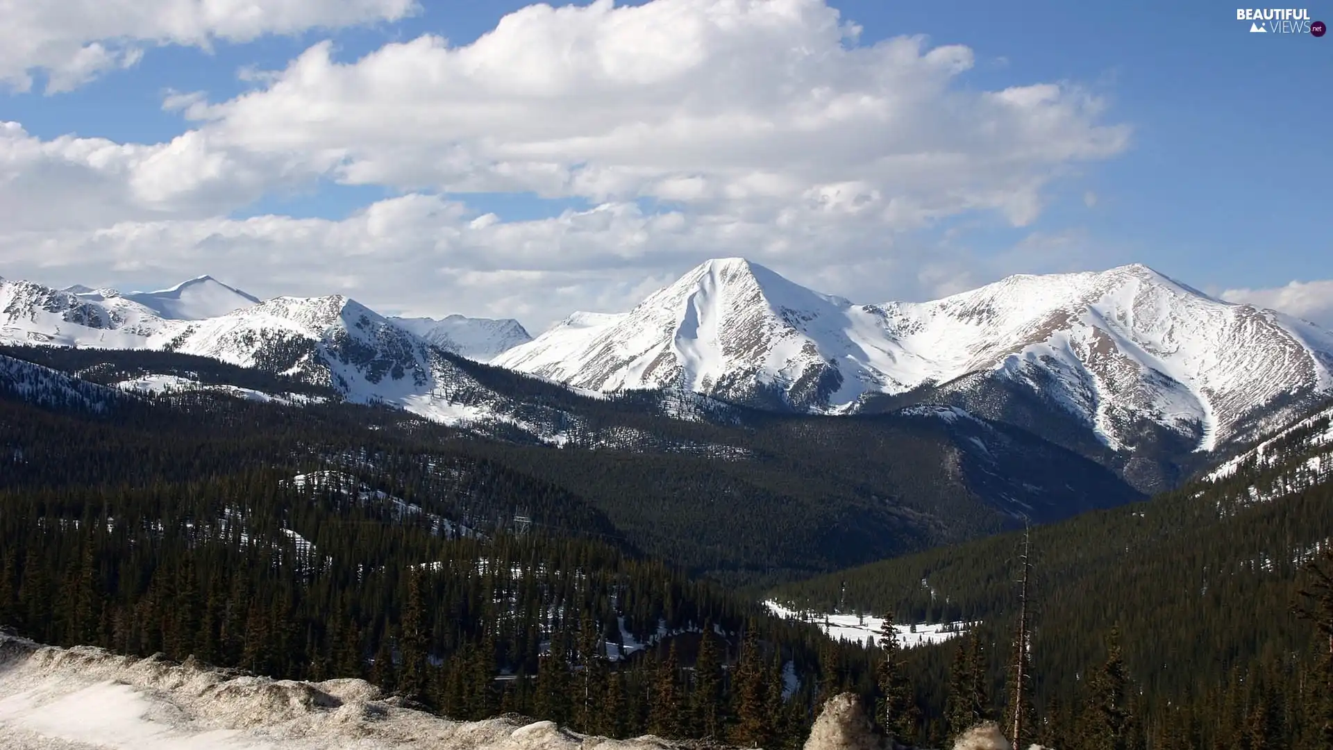 Mountains, clouds, winter, woods