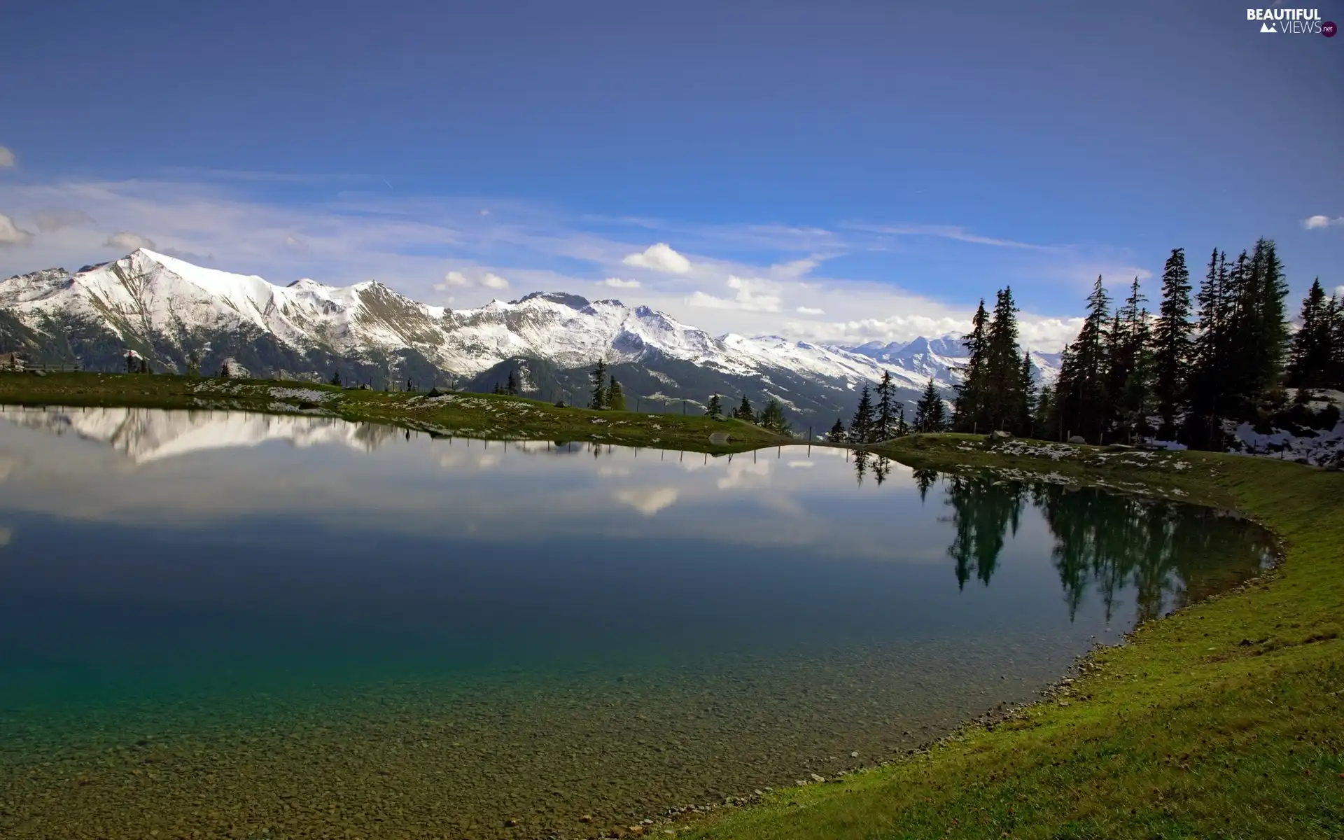 Mountains, lake, winter, woods