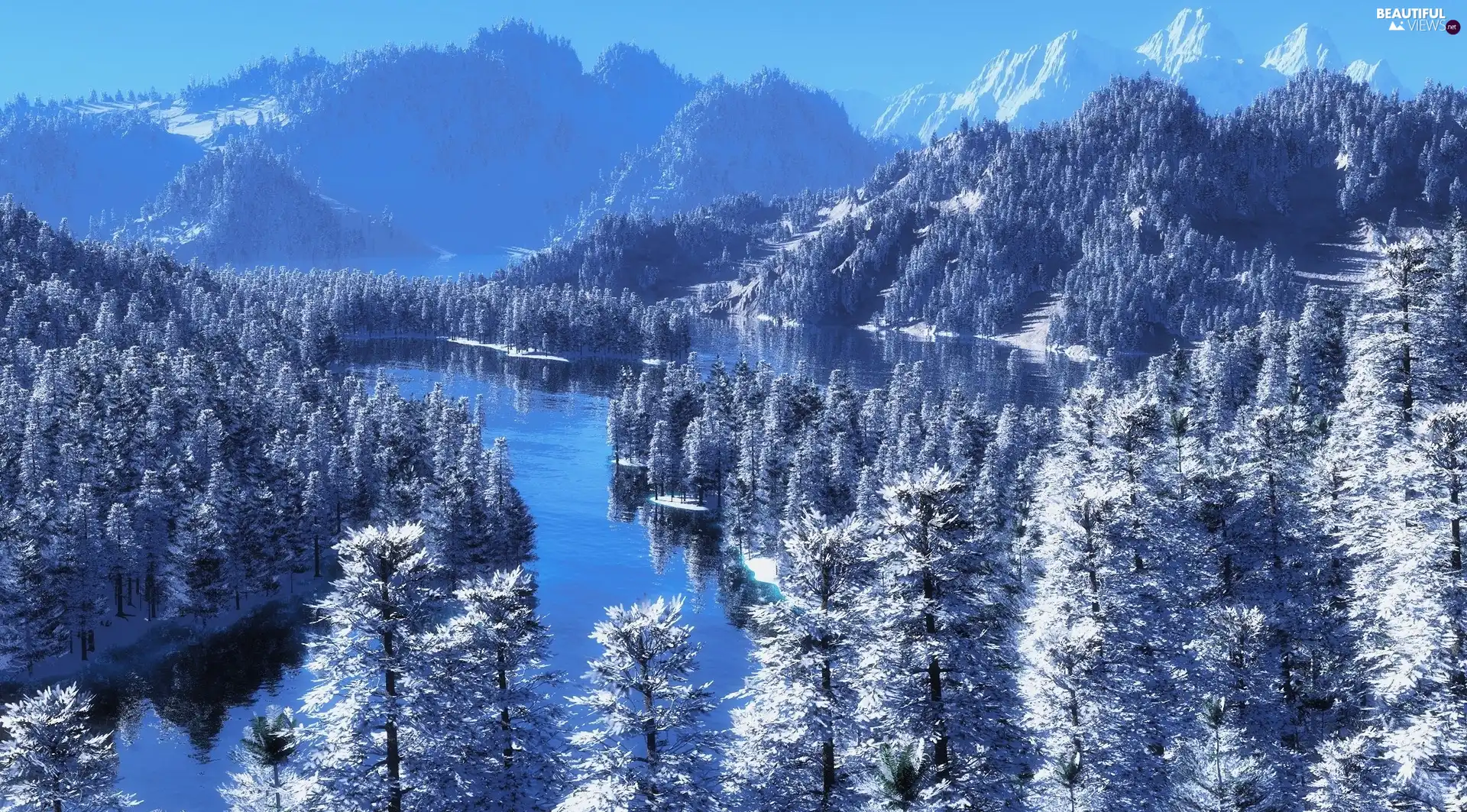 Mountains, River, winter, forest