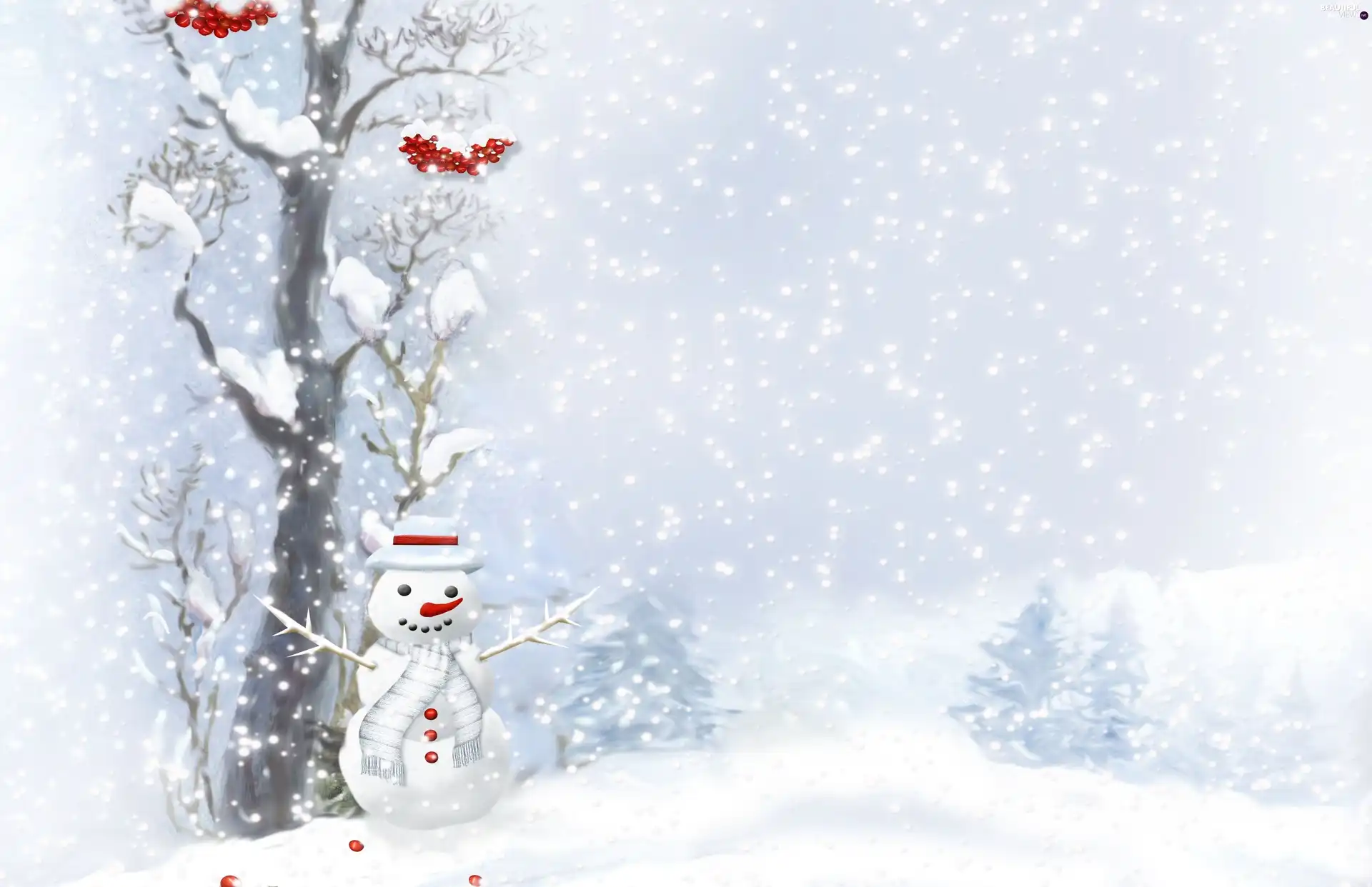 winter, Snowman, trees