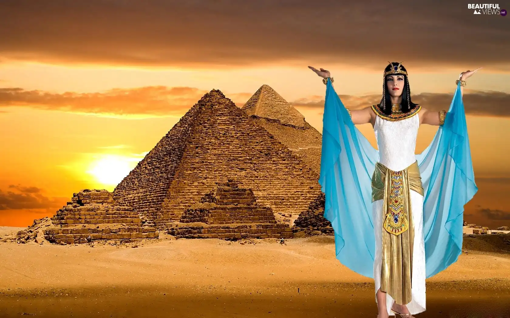 west, Pyramids, Women, sun