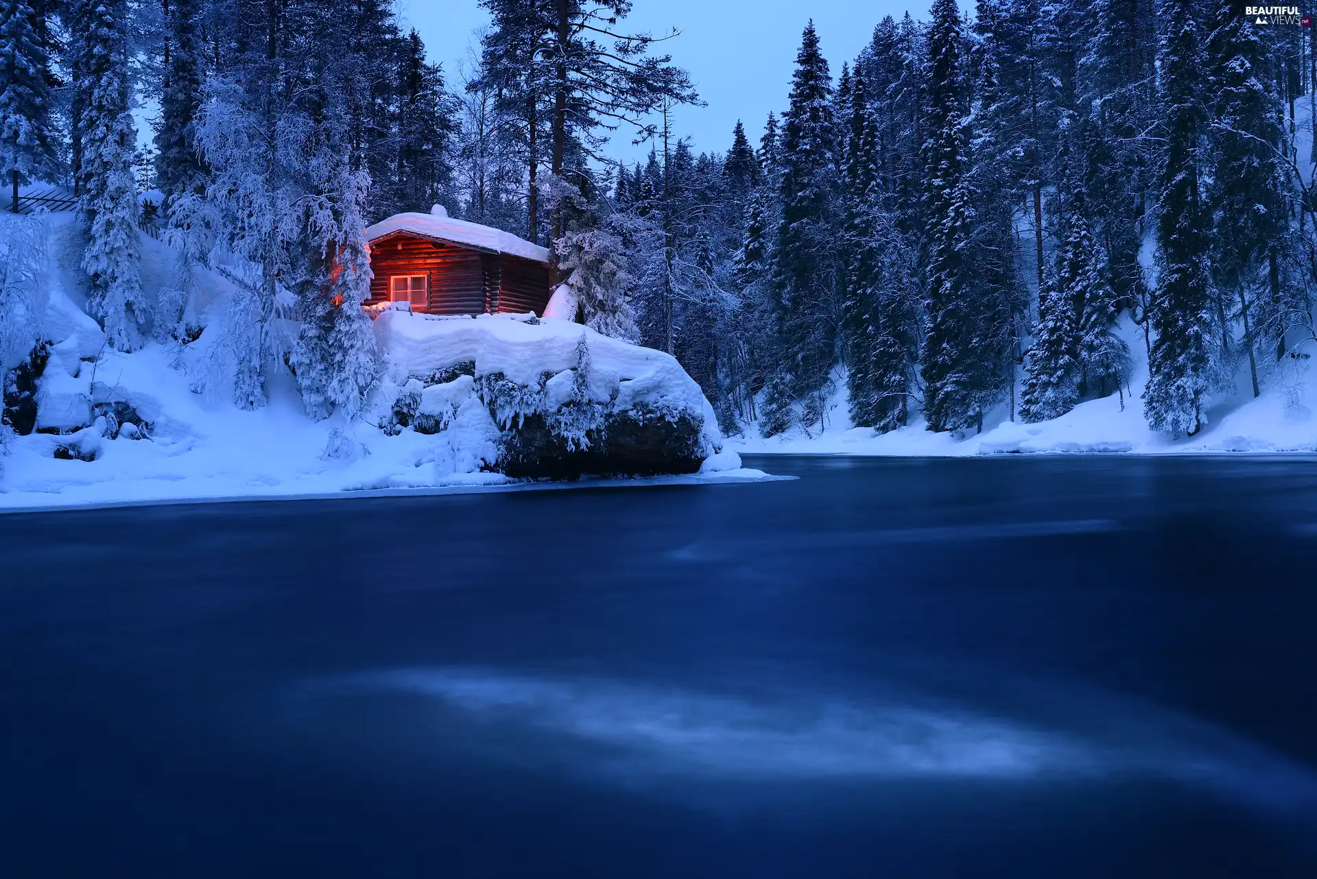 River, winter, cottage, Wooden, viewes, Finland, Lapland, Dusk, snow, Oulanka National Park, trees