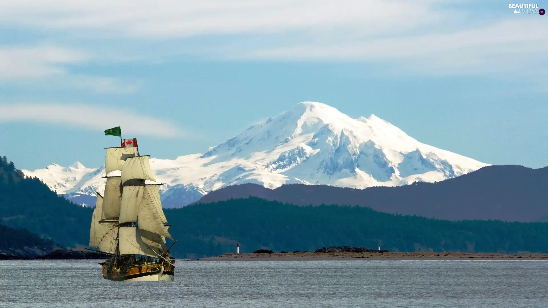 woods, Canada, lake, Mountains, sailing vessel