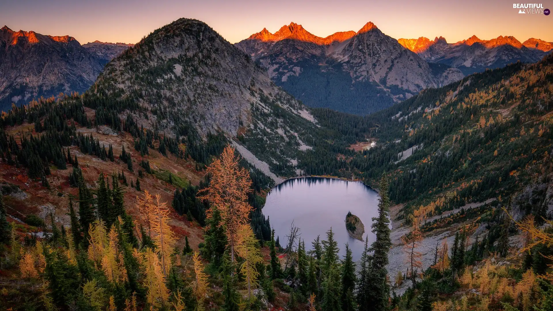 trees, lake, Island, woods, Mountains, viewes, autumn