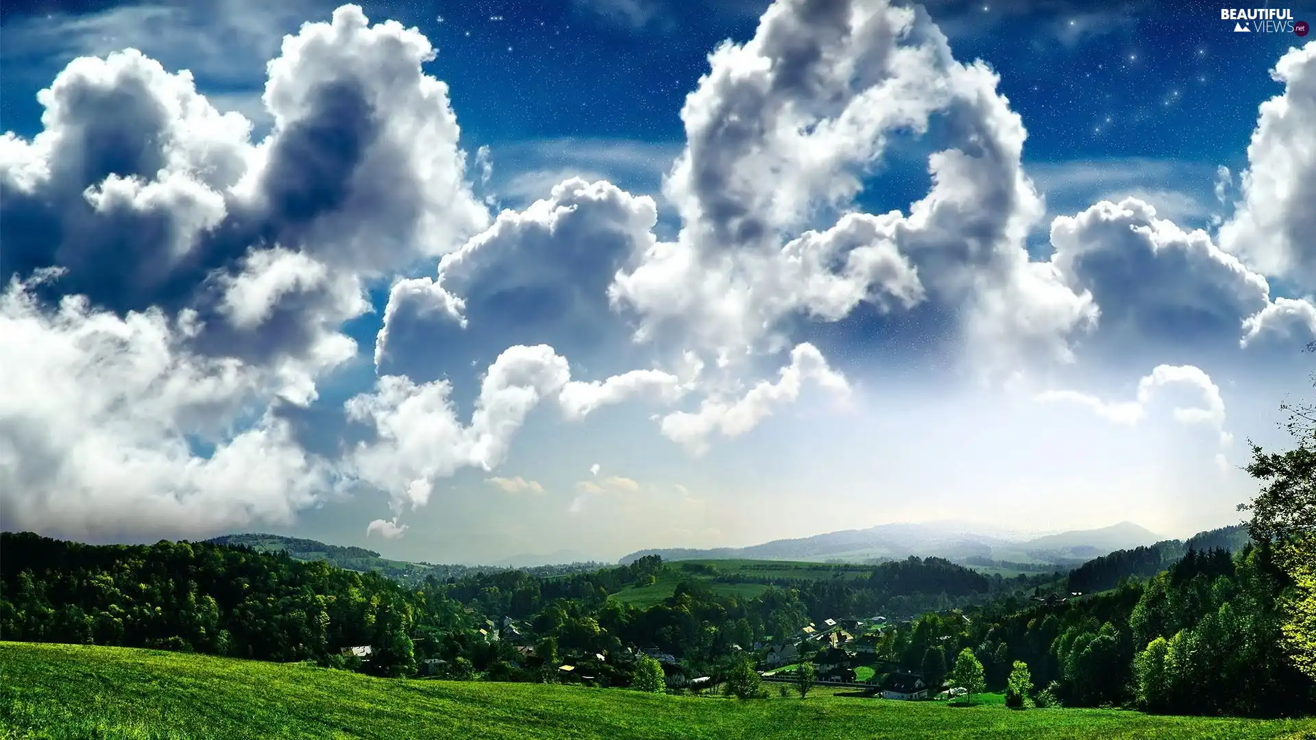 woods, clouds, Mountains