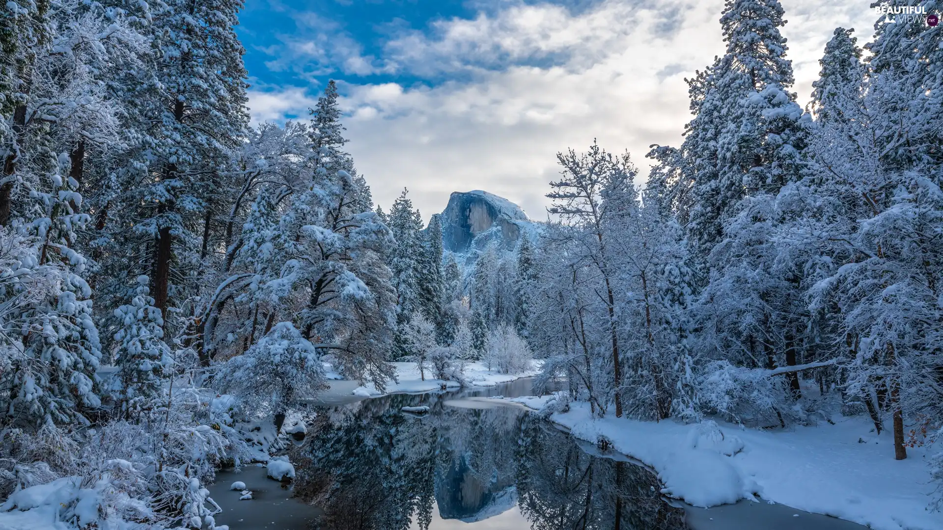 State of California, The United States, Yosemite National Park, winter, viewes, clouds, Merced River, trees, Mountains